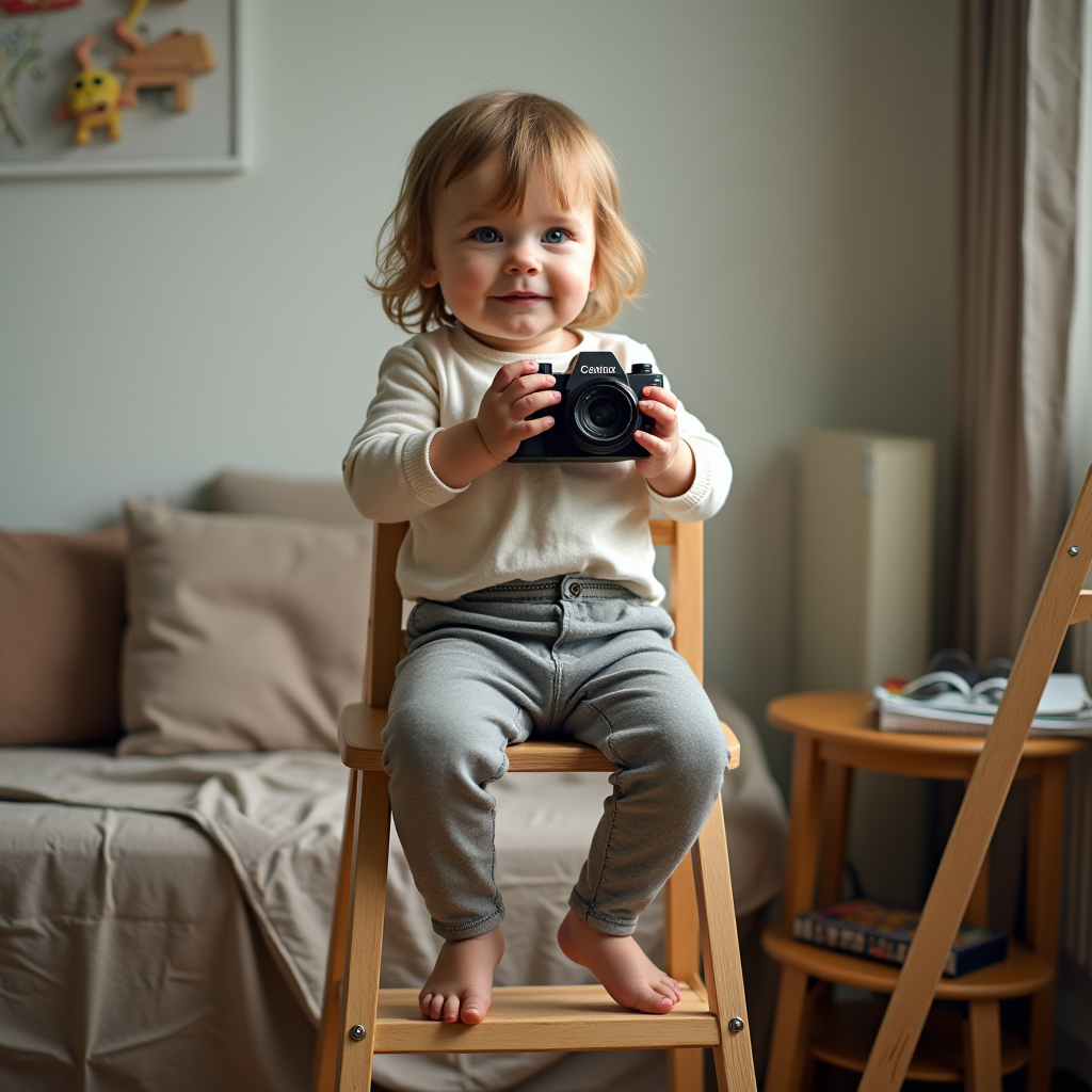 A toddler sits on a wooden chair holding a camera, with playful curiosity in a cozy room.