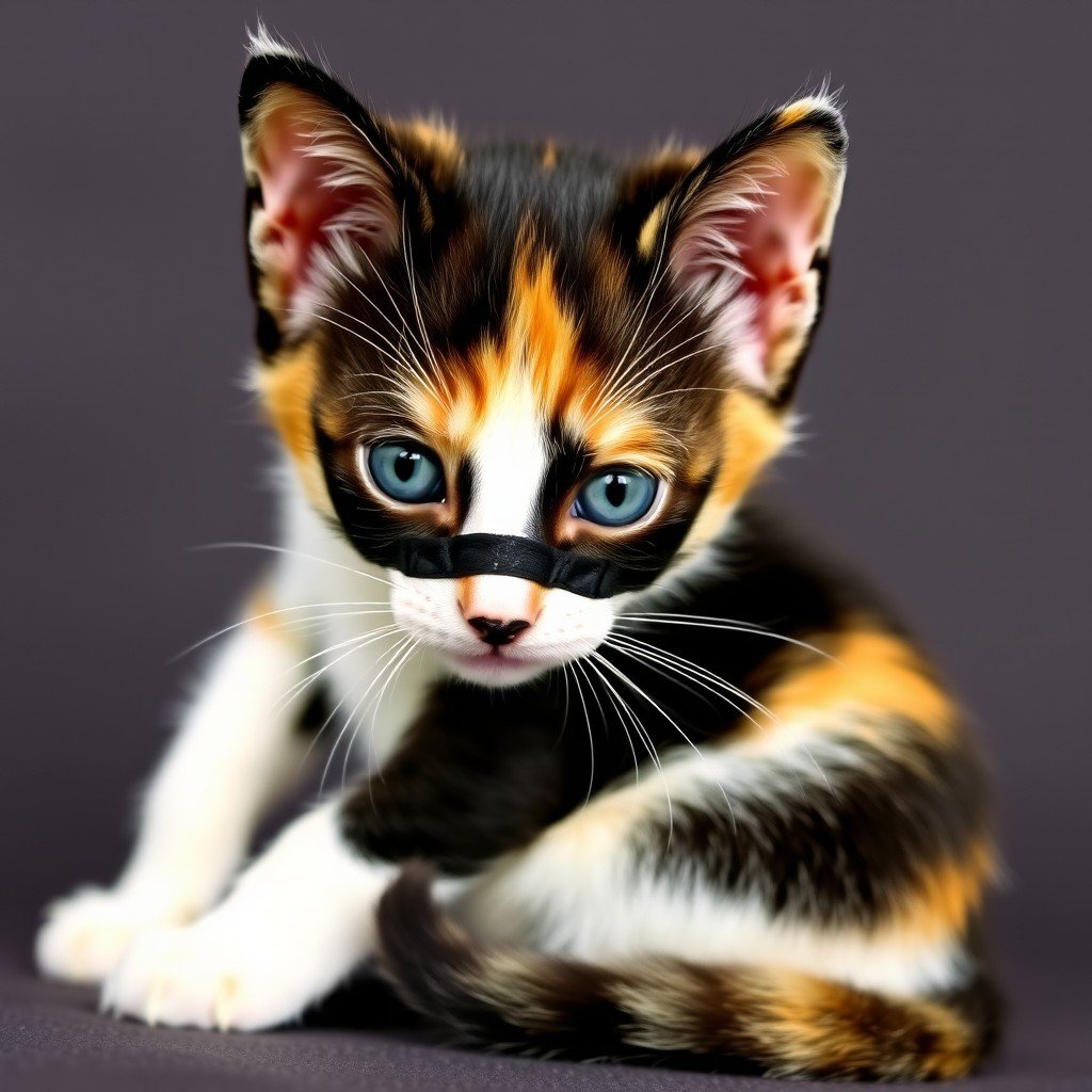 A calico kitten with striking blue eyes wearing a playful black mask.