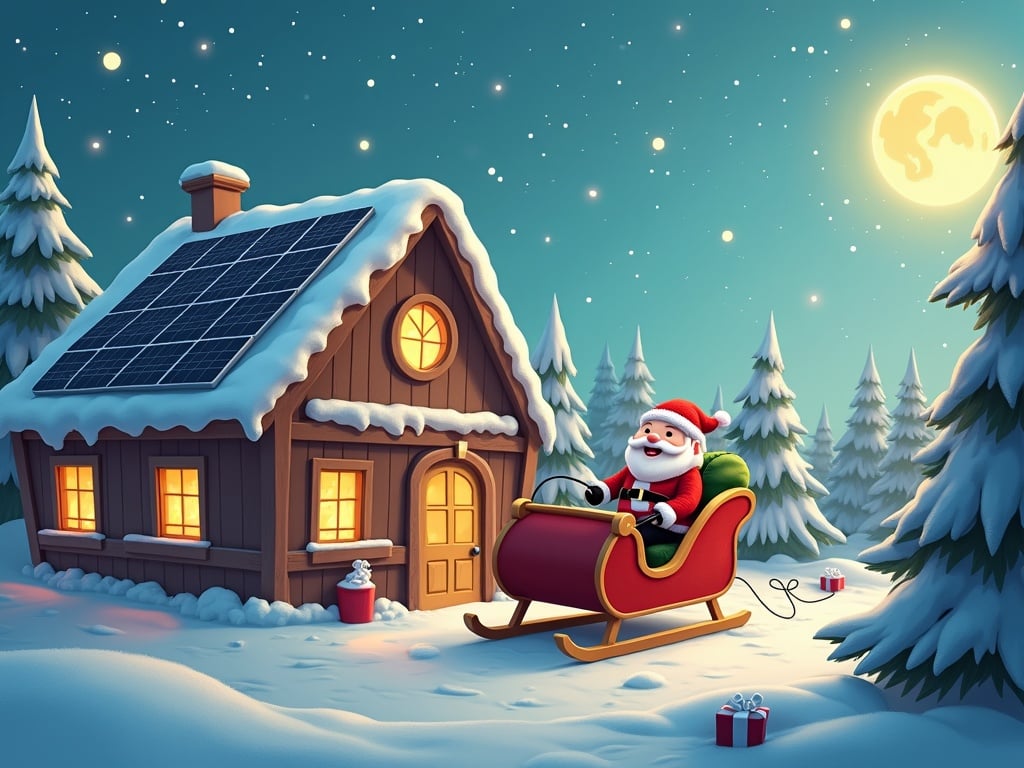 Cheerful scene at Santa's Workshop with Santa charging his electric sleigh. Solar panels on the roof capture sunlight for energy. Emphasis on eco-friendly energy in the festive season.