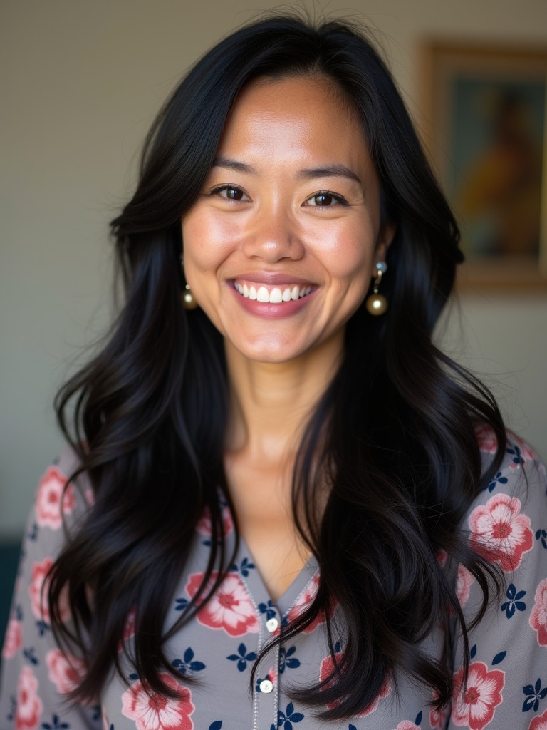 A woman poses smiling wearing a floral-patterned top with long black hair. The background is softly blurred, emphasizing the subject.