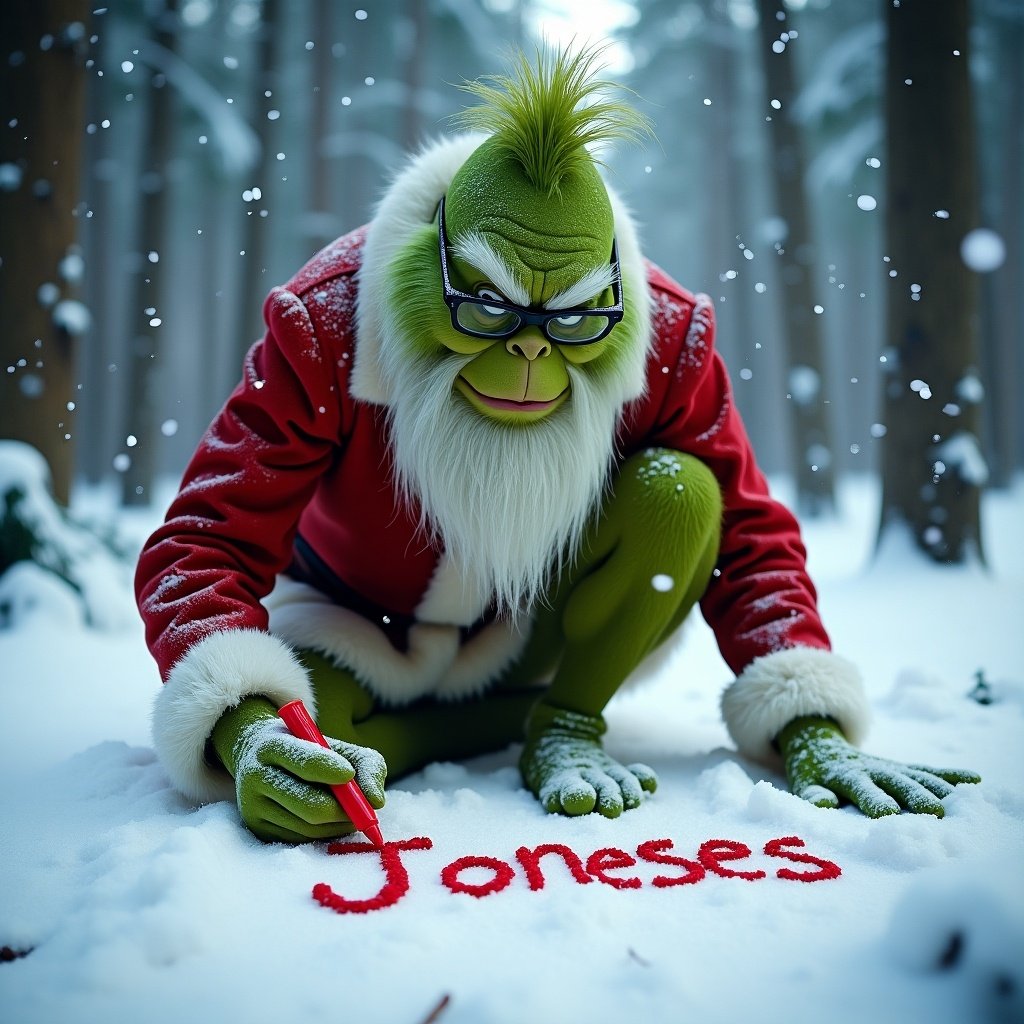 Grinch kneeling in snowy forest writing Joneses in the snow with red marker snowflakes falling creating magical atmosphere white beard classic appeal heartwarming holiday image