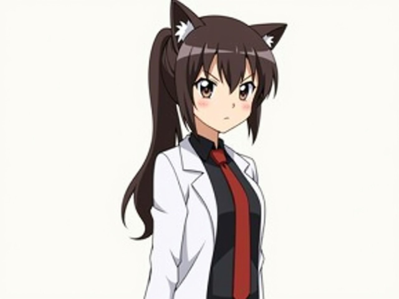 The image features an animated character with cat-like ears. She has long, dark brown hair styled in a ponytail, and her expression appears serious yet thoughtful. She is wearing a white lab coat over a black shirt and red tie, suggesting a professional appearance. The background is simple and light, which keeps the focus on her. The character has a slight hint of a fierce demeanor, typical in anime styles.