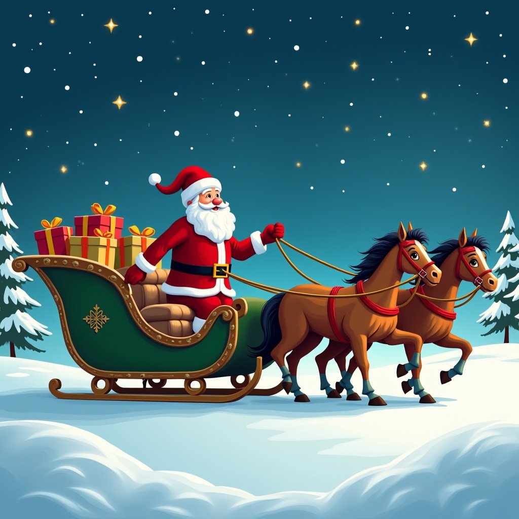 Santa drives a sleigh pulled by two horses in a snowy landscape. Presents are in the sleigh. The scene is set at night with stars in the sky.