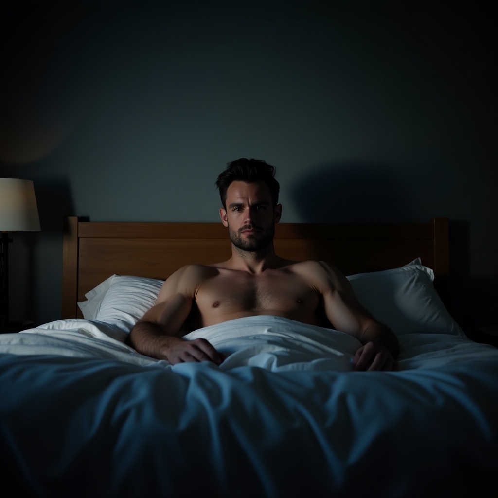 The image portrays a muscular man sitting in his bed, appearing contemplative or thoughtful. The setting is dimly lit, creating a serene and calm atmosphere. The bed is neatly made, with white linens contrasting against the darker background. A bedside lamp casts a soft glow, enhancing the mood of tranquility. This scene evokes feelings of relaxation and introspection, as the man sits quietly in the comfort of his home.