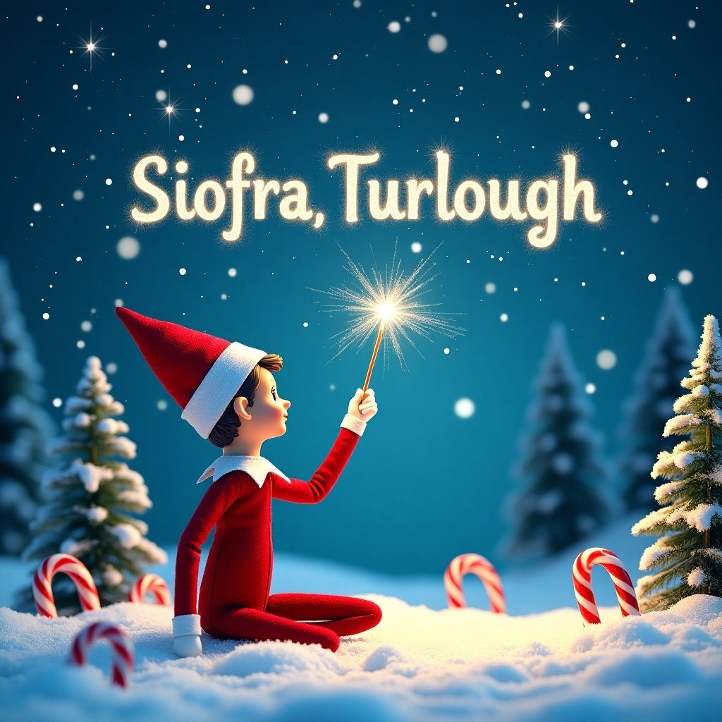 The image features an enchanting winter scene with an elf on a snowy ground. The elf is sitting and facing a beautiful sky filled with stars. Holding a magical wand, the elf writes names in shimmering light above. Surrounding the elf are evergreen trees and colorful candy canes, enhancing the festive atmosphere. This scene captures the spirit of Christmas magic, making it perfect for holiday-themed projects.