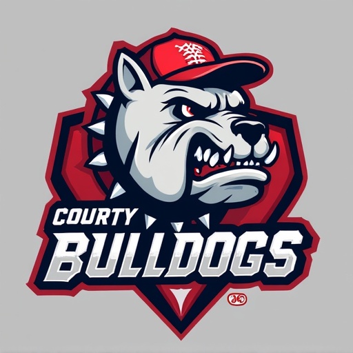 Airbrushed logo design of the West County Bulldogs baseball team. Highlight a bulldog's fierce expression. Incorporate bold colors and sharp graphic elements. Use red and gray for the color scheme. The dog wears a baseball cap. Make the logo suitable for team merchandise.