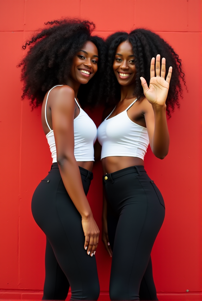 Two women with natural curly hair smile and pose in front of a vibrant red wall, wearing matching white tops and black pants.