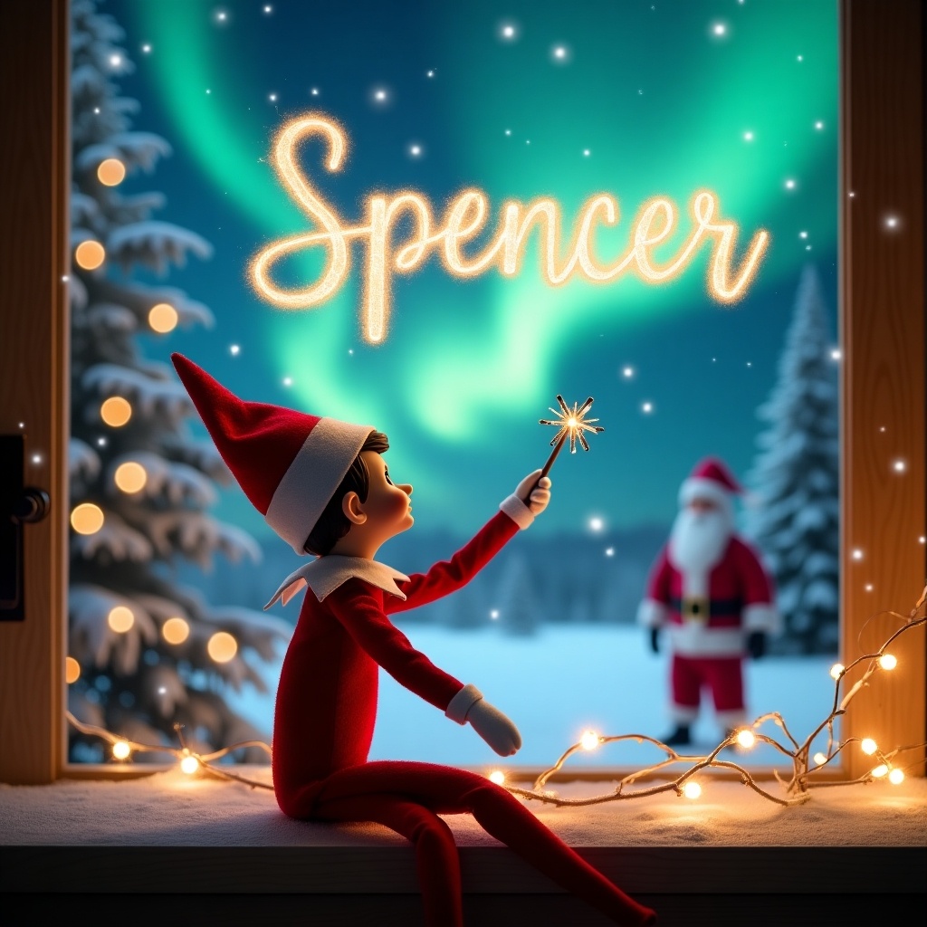 The image features an Elf on the Shelf character sitting with its back to the viewer. The elf gazes up at a magical sky filled with vibrant northern lights. It holds a sparkling wand and is writing the name 'Spencer' in illuminated letters. In the background, Santa Claus is visible, enhancing the festive atmosphere. The scene outside is a beautiful winter wonderland, with snow-covered trees and twinkling lights. This cozy setting captures the spirit of the holiday season beautifully.