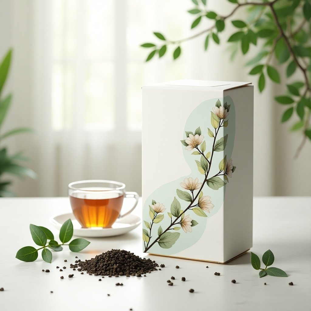 Premium tea packaging box on a clean white surface. Box features nature-inspired design with floral illustrations in soft green and gold. Loose tea leaves scattered nearby. A small tea cup filled with golden-brown tea. Soft natural lighting creates a serene atmosphere. High-quality photorealistic rendering. Harmonious composition without clutter.