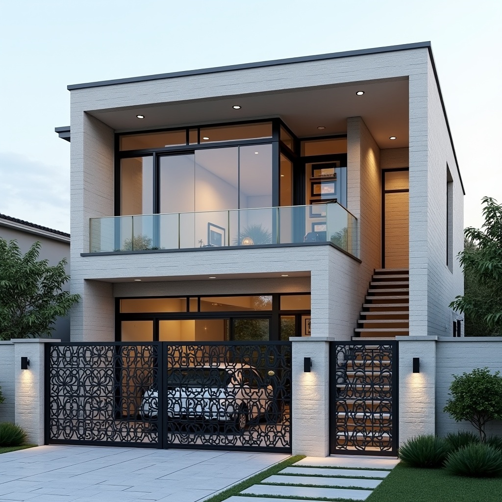 This image shows a two-story house with a modern, rectangular design. The exterior is finished in a light-colored brick or stone, with large glass windows on both floors. A metal staircase is visible on one side, leading to the upper level. There is a large, ornate metal gate at the entrance, with a decorative pattern. The surrounding area includes a tiled walkway and some greenery, suggesting a residential setting.