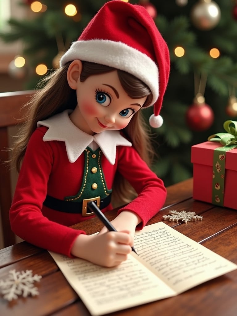 A girl dressed as an elf writes a letter. She tells Lucy about clues for a Christmas gift scavenger hunt. The setting has a Christmas tree and presents.