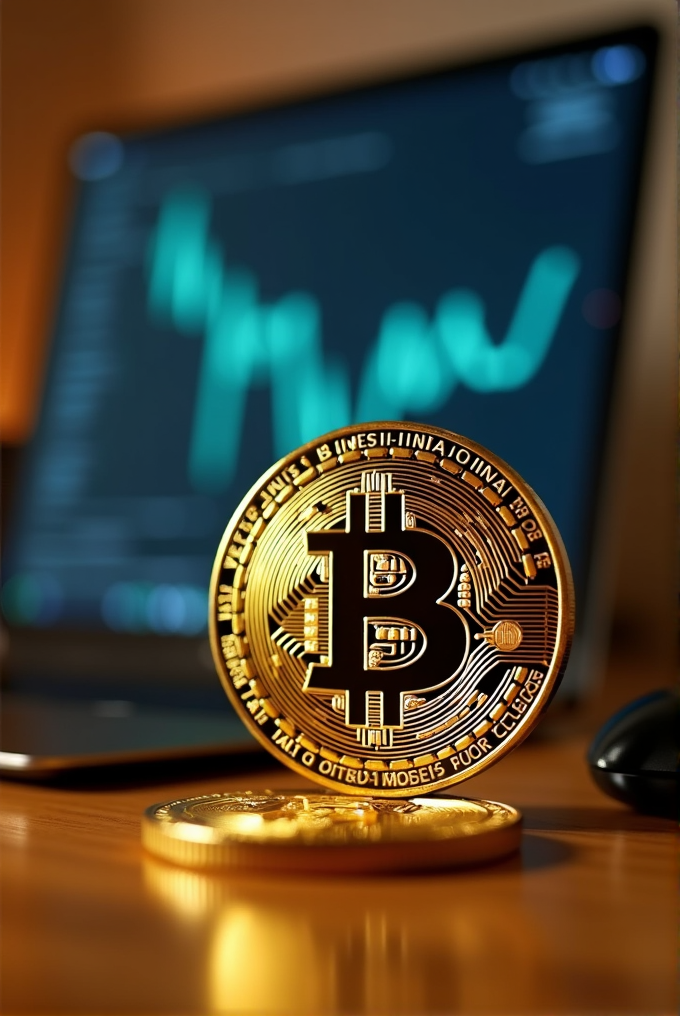 A gold Bitcoin stands prominently in front of a laptop displaying a green upward graph.