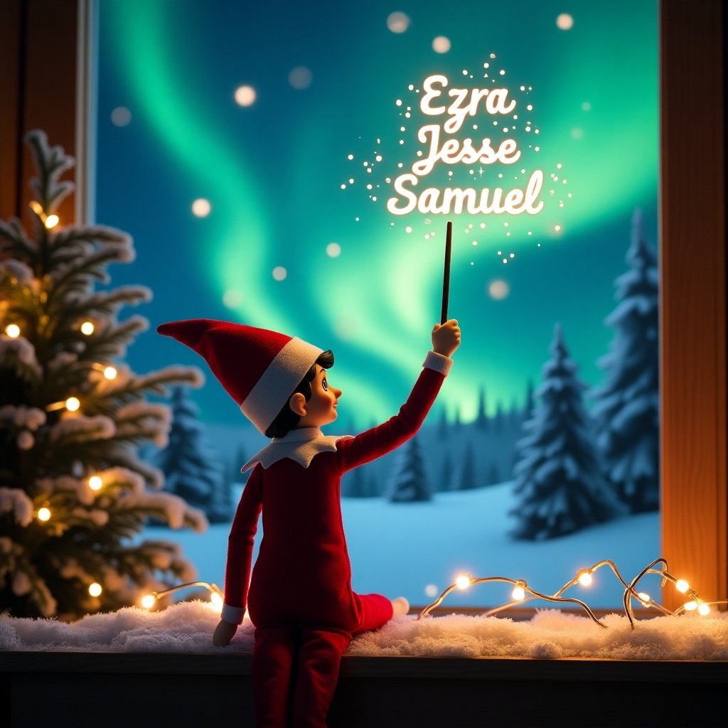 This enchanting Christmas scene features an elf on the shelf, who is facing the sky with his back to the viewer. Dressed in red and white, this cheerful elf wields a magic wand and writes names in a glowing script above him. The names 'Ezra', 'Jesse', and 'Samuel' sparkle brightly, creating a whimsical touch. Behind the elf, vibrant northern lights fill the backdrop, enhancing the festive mood. The scene is adorned with holiday decorations, with soft snow covering the ground, evoking the spirit of Christmas. The composition captures a sense of wonder and excitement, perfect for the holiday season.