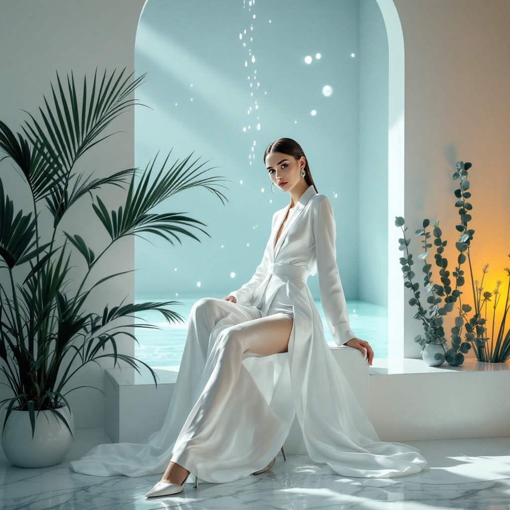 Fashion editorial image featuring a model in elegant attire. The setting includes a serene water backdrop and lush green plants. The aesthetic is clean and luxurious with a focus on high details and sharpness. The composition follows the rule of thirds and includes a sense of depth.