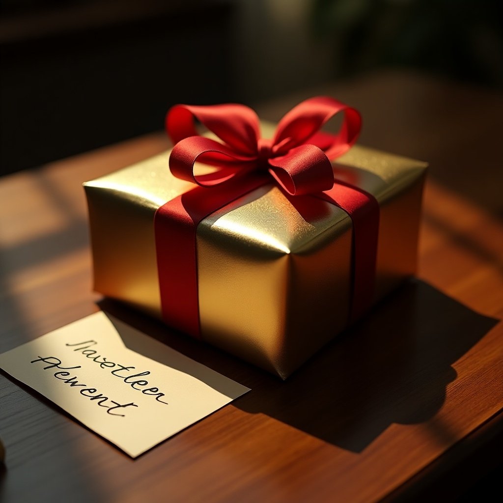 A beautifully wrapped gift box with a shiny golden surface and a bright red ribbon. The box sits on a wooden surface near a card that says 'Sweetheart Payment'.