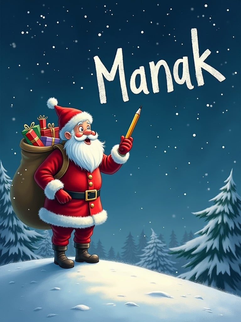 Santa Claus on snowy hill under starry night writing in sky. He is wearing red and white outfit with a large sack of gifts. Name Manak in whimsical font.