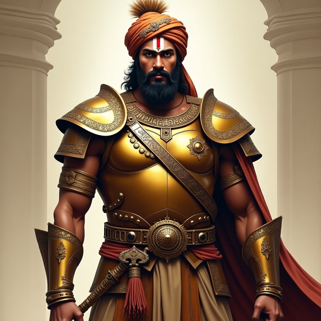 A dignified warrior stands proudly in traditional Rajput attire. He has a broad chest and tall stature. His intricately designed armor features bold engravings. The mix of deep gold and bronze reflects light beautifully. Broad shoulders are protected by robust shoulder guards. He wears a royal turban with a white tilak on his forehead. A sharp red bindi symbolizes devotion. His serious expression shows authority and wisdom. A well-groomed beard and mustache add to his image. He holds a sword representing his warrior spirit.