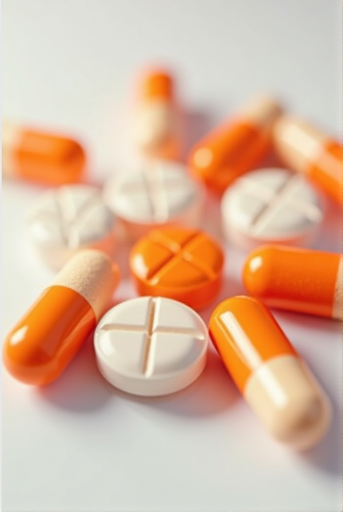 The image shows a collection of white tablets and orange capsules on a white surface.