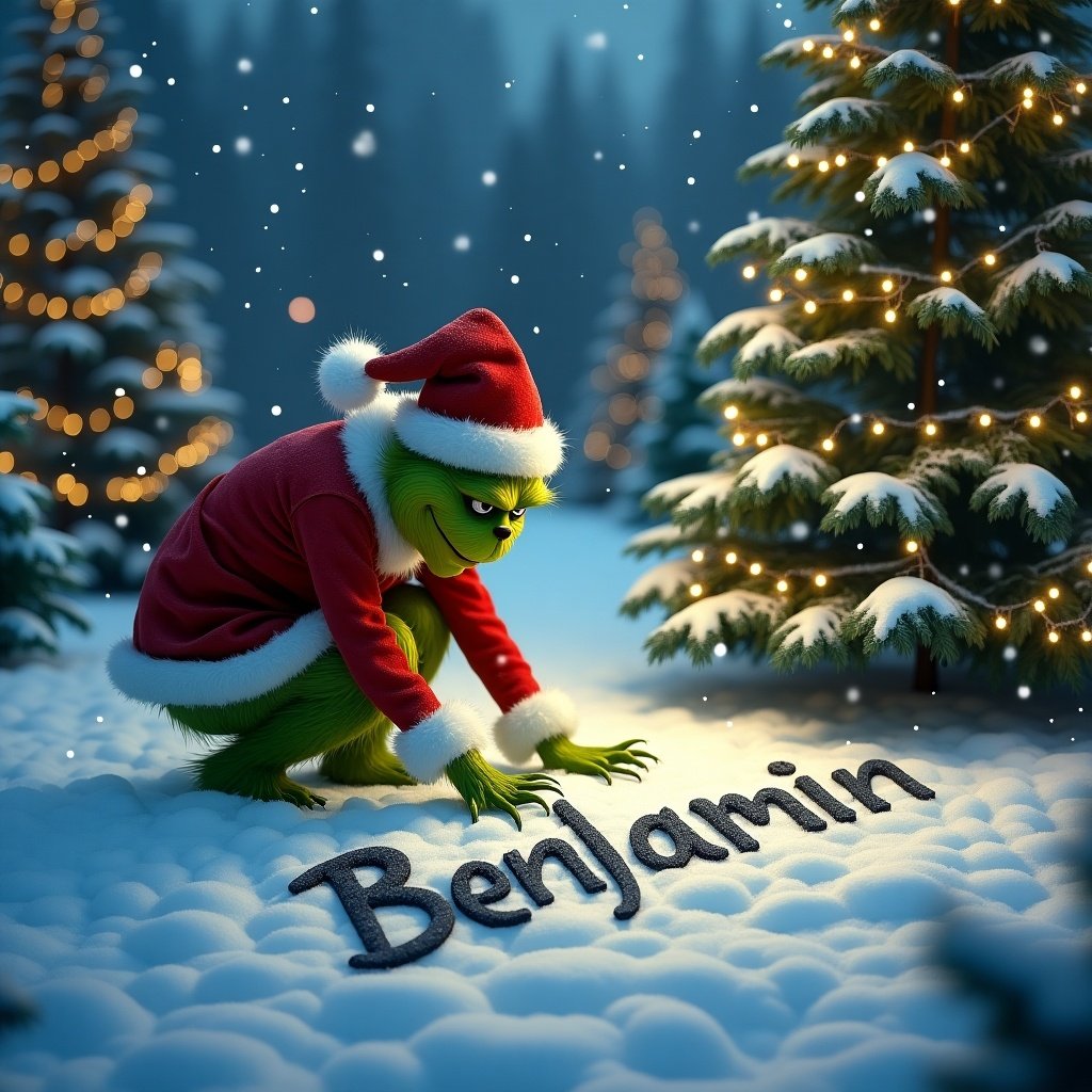 The Grinch is in a snowy outdoor setting. Christmas trees with twinkly lights surround him. He is writing the name 'Benjamin' in the snow. The environment is festive and playful.