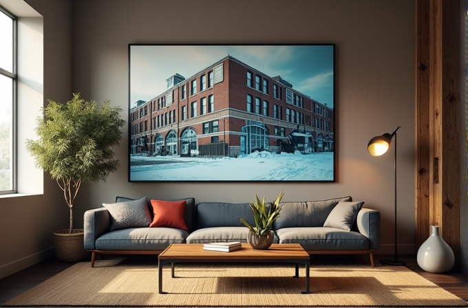 A cozy living room with a large framed photograph of a snow-covered street scene hanging above a modern sofa.