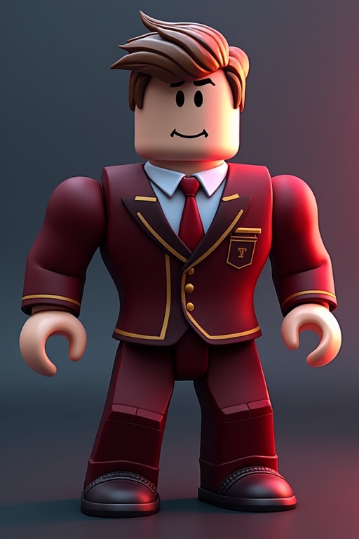 A classic Roblox character wearing a Dominus suit. The character has a happy expression and strong features. The character's suit is dark red with gold trim. Strong, stylized hair is present. The scene has a modern gradient background.