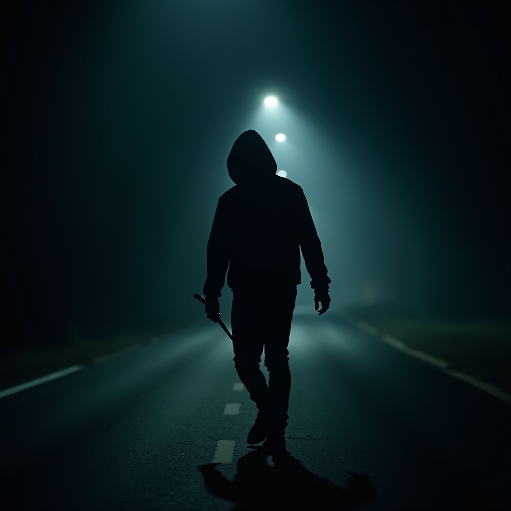 A shadowy figure with a hood walks on a dimly lit road at night, holding an object in a mysterious and foreboding atmosphere.