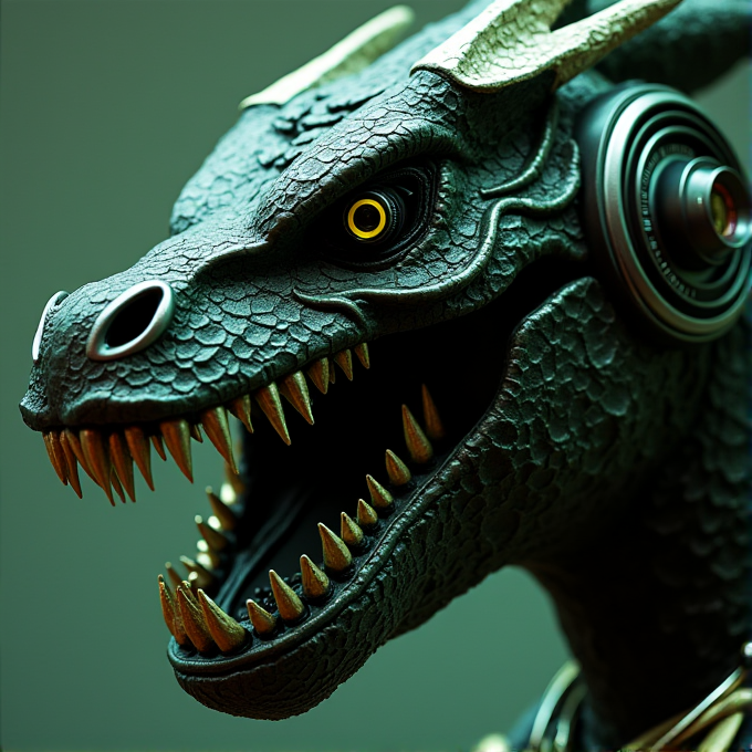 A close-up of a dragon with mechanical features and fierce eyes.