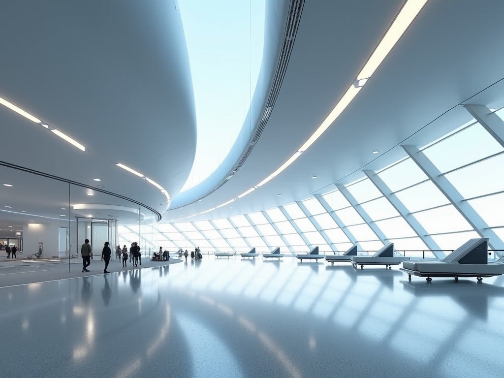 A futuristic, spacious airport terminal interior with wide-angle view, emphasizing modern architectural design and natural lighting.