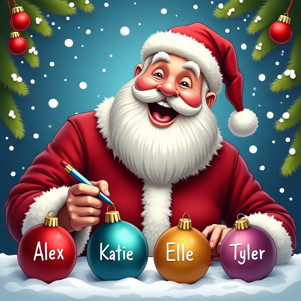 Image shows Santa Claus writing names on Christmas baubles. Snowy background with festive greenery. Baubles labeled 'Alex', 'Katie', 'Elle', 'Tyler'. Santa in red suit has a cheerful smile. Colors are vibrant, capturing holiday joy.