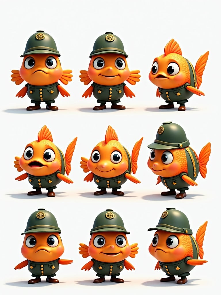 Cartoon fish character in army uniform. Displayed in multiple angles. Fish looks colorful and goofy. Character has big eyes and cheerful expression. Suitable for animated projects.