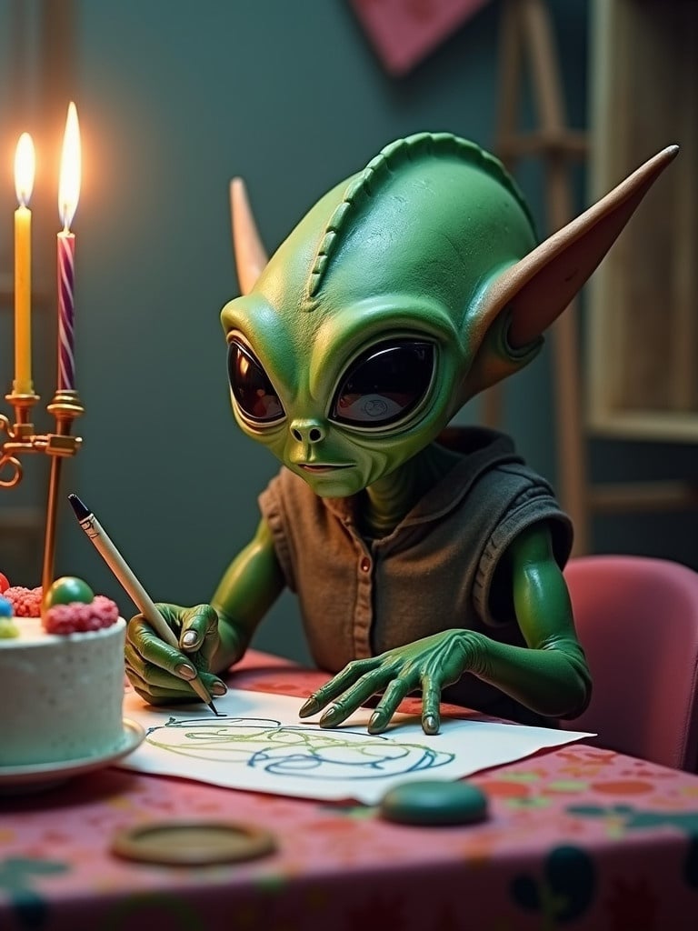 An alien creature with a green skin and large eyes sits at a table. The alien wears a gray hoodie. The alien writes the name 'Bob' on a piece of paper. A birthday cake with decorations is on the table. Candles and party decorations provide a festive atmosphere.