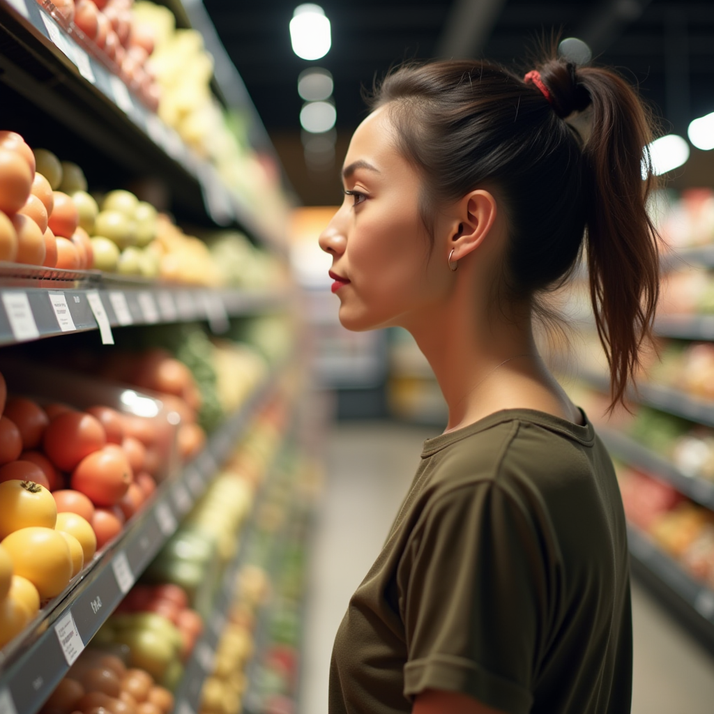 A woman with a ponytail browses fresh produce in a grocery store aisle, her profile illuminated by store lights.