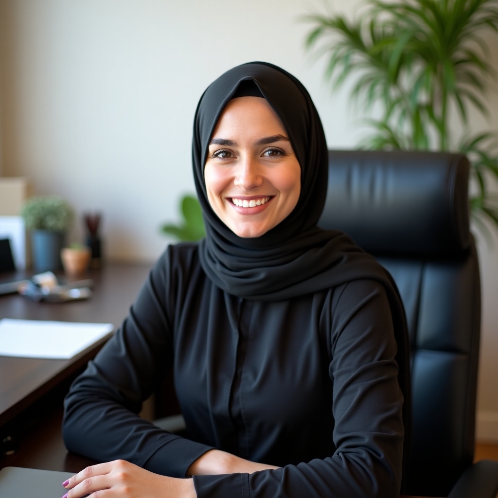 A professional woman in a hijab is sitting comfortably in an office chair with a warm smile. Her confident demeanor makes her approachable to anyone who sees her. The background features a neatly organized desk, symbolizing professionalism. There are plants that add a touch of life to the office environment. This image captures the essence of modern business culture, showcasing diversity and empowerment in the workplace.