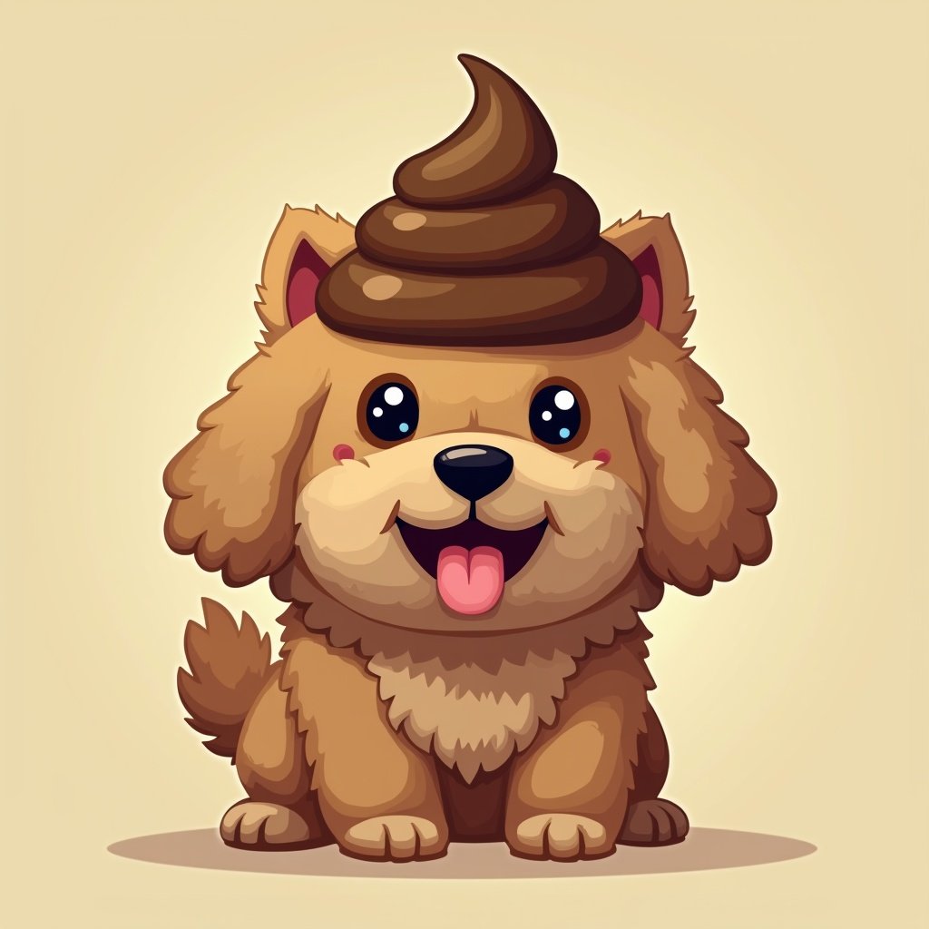 Shih Poo dog head wearing a poop emoji hat. The dog is animated and has a happy expression. Background is simple and light-colored. Designed for meme coin context.