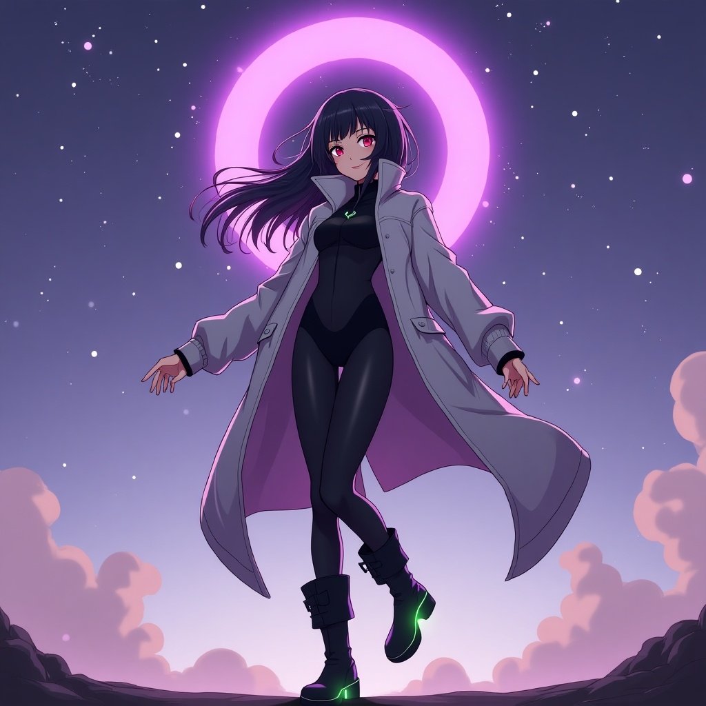 Anime girl wears full-body black bodysuit. She has a white jacket and glowing green boots. Background features a purple sky. The girl has black hair and a cute face. She stands confidently.