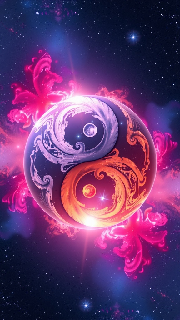 A vibrant, cosmic rendition of the Yin and Yang symbol with swirling pink and orange energies against a starry background.