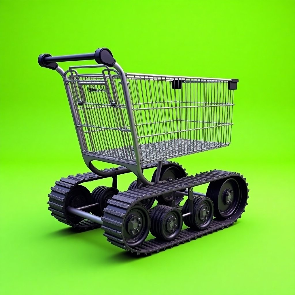 Hyper-realistic image of a metallic shopping cart. Cart has a standard basket and handlebar. Wheels replaced with tank tracks with detailed treads. Tracks integrated into cart's base. Bright green background highlights design.