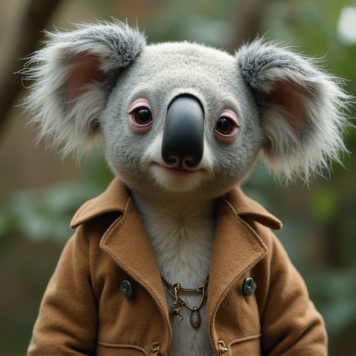 A koala with features resembling Ringo Starr, wearing a brown coat, set against a natural backdrop