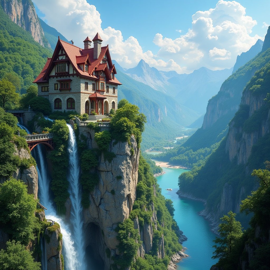 An impressive house with a red roof sits atop a rugged cliff surrounded by natural beauty. Waterfalls cascade from either side into a blue river below. Lush forests and distant mountains create an enchanting landscape.