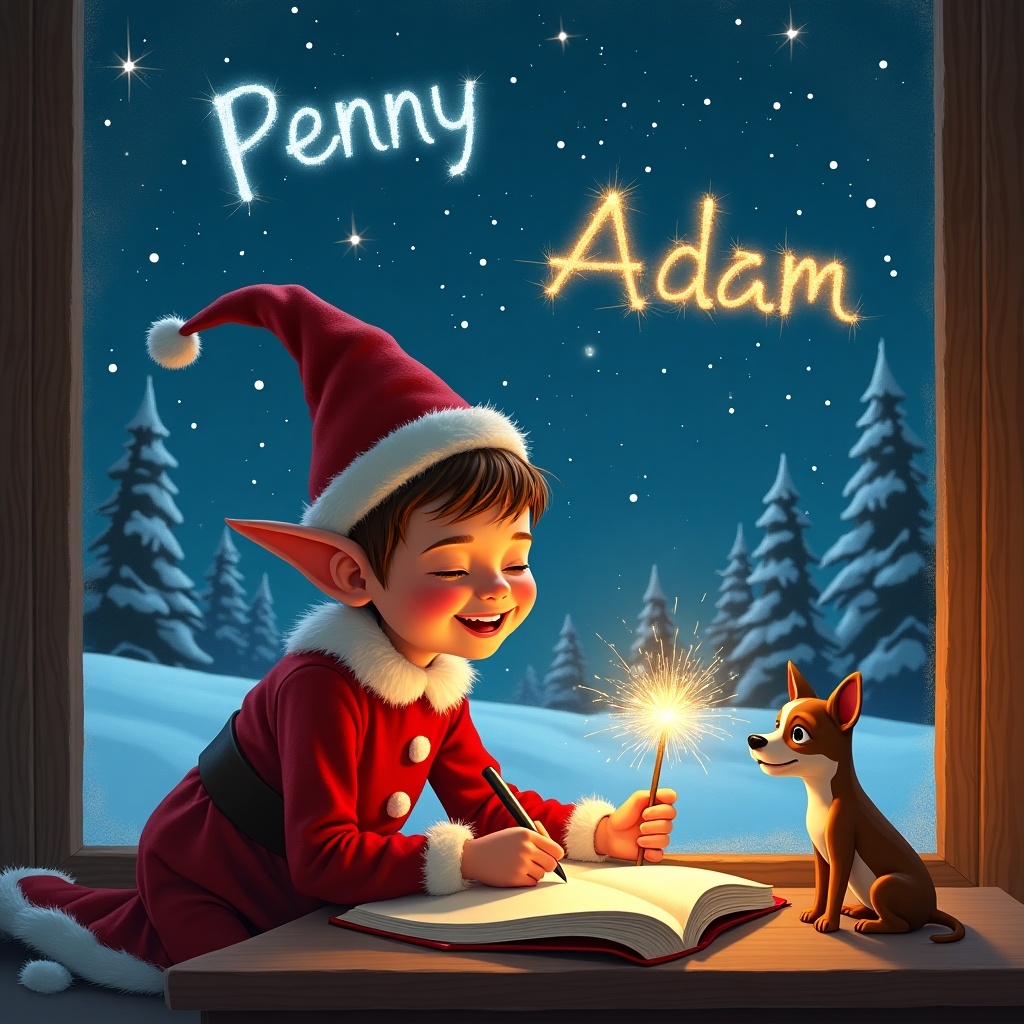 An elf in a red outfit, complete with a pointy hat, sits at a window under a starry night sky. He is joyfully writing in a book, using a sparkler as a magic wand. Beside him is a small, curious dog, watching the sparkler's glow. The landscape outside shows a snowy scene. The elf's expression is one of delight and concentration as he creates magical entries in his book. The names 'Penny' and 'Adam' are written elegantly in the starry sky.