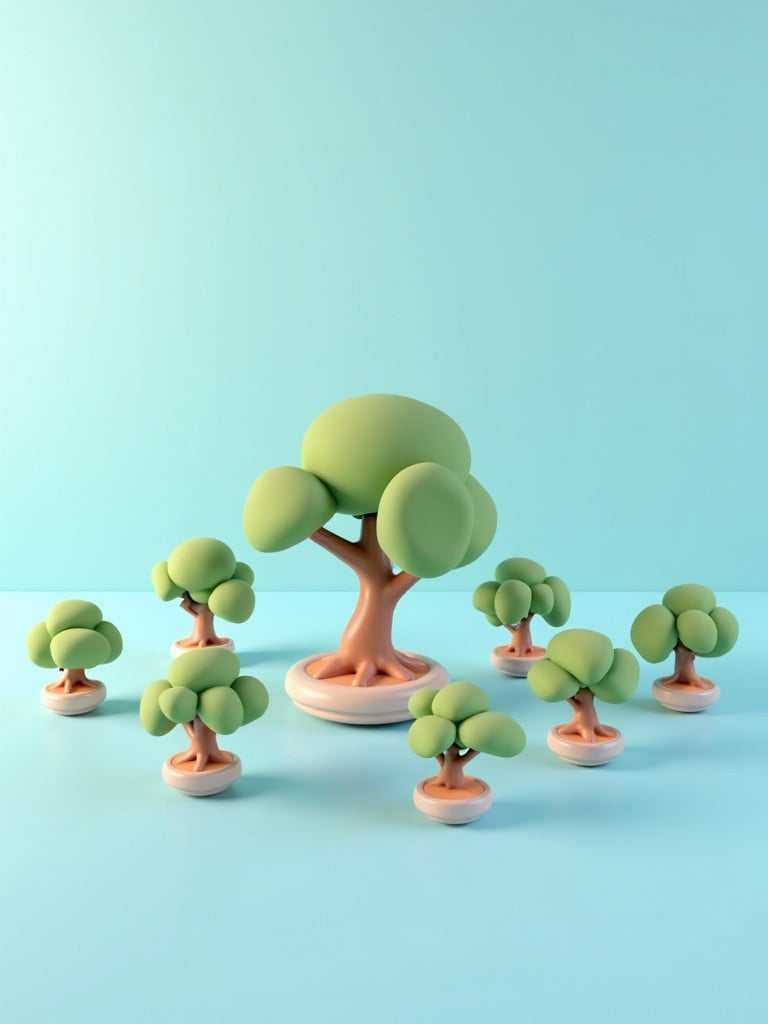 Tiny cute isometric bonsai trees arranged around a larger tree. Trees have smooth surfaces and soft colors. Image has blue background with soft lighting. Rendered in 3D using Blender with a modular constructivism style.