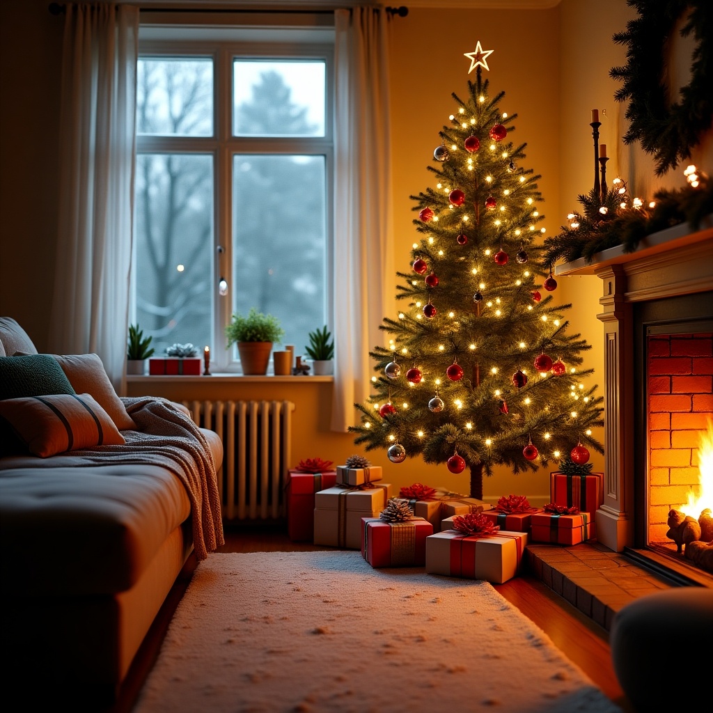 Cozy living room decorated for Christmas. A beautifully lit tree stands by the fireplace. Gifts are arranged around the tree. Warm light and festive atmosphere create a holiday spirit.