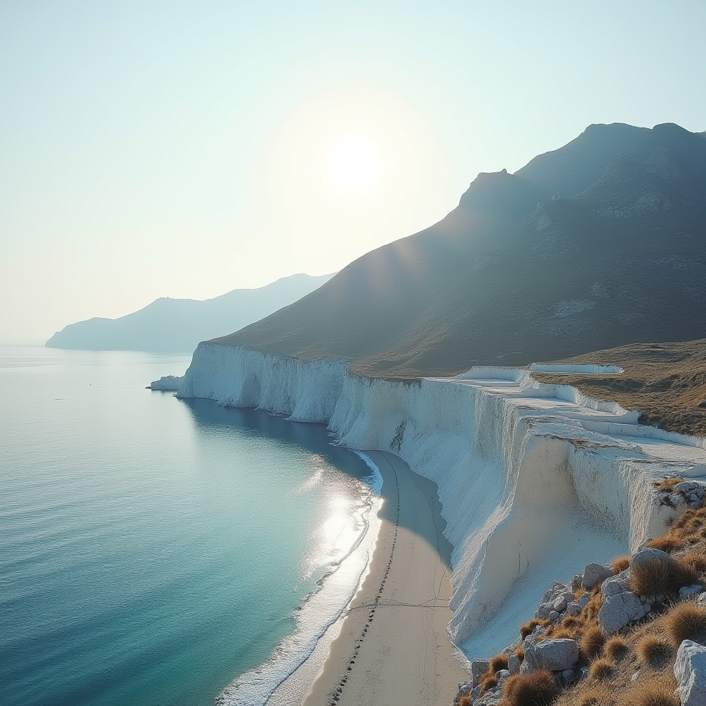 A tranquil coastal scene with towering white chalk cliffs bathed in soft sunlight, with gentle waves lapping at the sandy beach below.