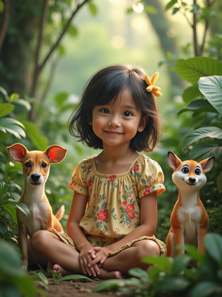 A little Asian girl is sitting cross-legged in the jungle. She is surrounded by cute animals, creating a serene and magical atmosphere. The setting is lush with greenery and soft light.