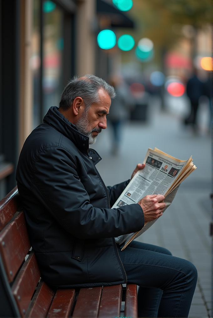 A man sits on a bench reading a newspaper on a bustling city street.