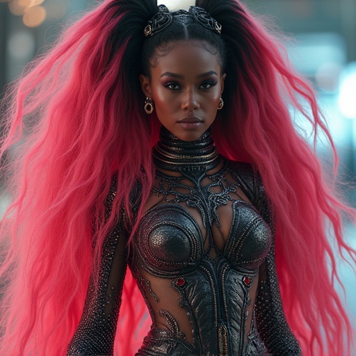 Futuristic avant garde couture with a stylish and luxurious feel. High impact fashion in an alternate dimension with galactic elements. Opulent and visually striking outfit that merges streetwear and haute couture inspired by anime. The model showcases vibrant pink hair, sculptural details, and edgy accessories in a stunning and epic way.
