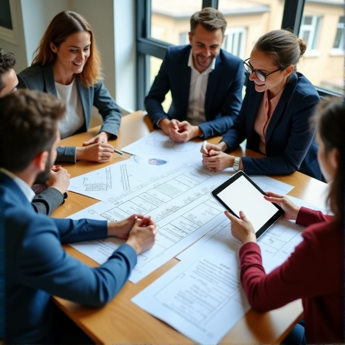 A team of business professionals collaborates around a table, reviewing documents and using a tablet.