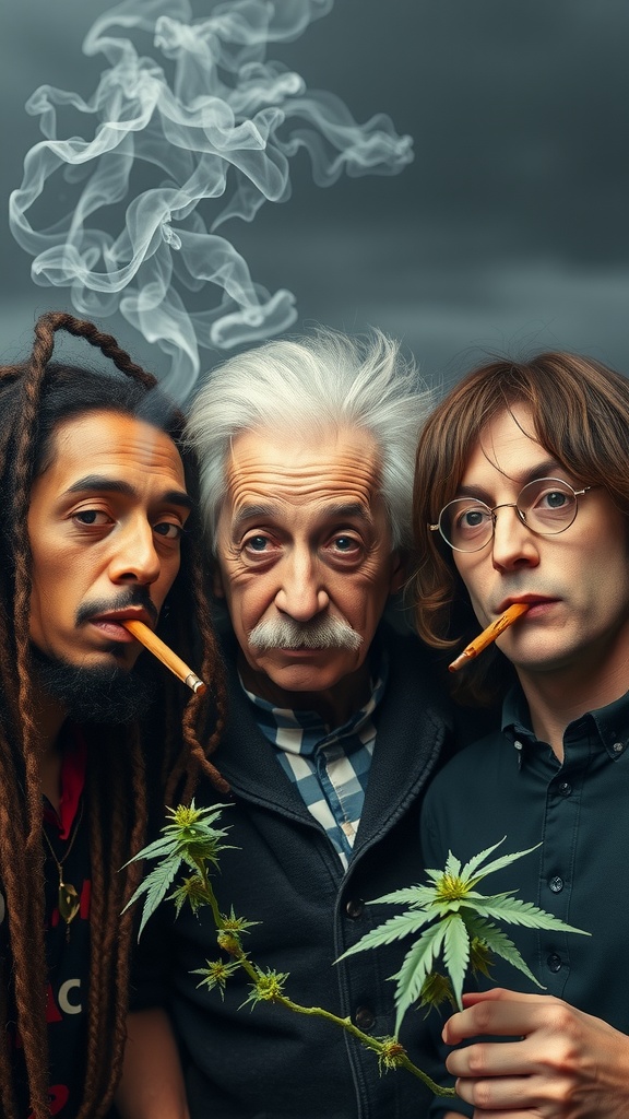 Three men of varied backgrounds holding joints and a cannabis plant, enveloped in smoke.