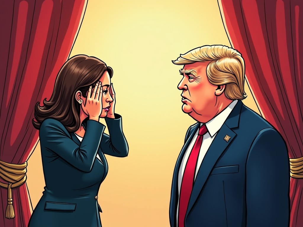 A political cartoon depicts Kamala Harris displaying emotions of defeat while facing Donald Trump, who appears confident as the President. The background features curtains, emphasizing the end of a political campaign. The contrast between their expressions highlights the dynamics of the election. The cartoon uses bold colors and exaggerated features to enhance the drama of the moment. The illustration encapsulates the tensions and rivalries within the political landscape leading up to the 2024 election.