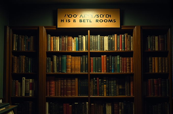 A warmly lit bookshelf filled with an assortment of vintage books, topped by a partially readable sign.